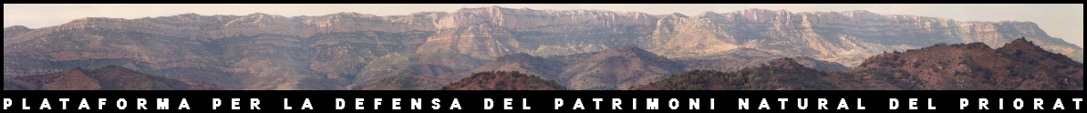 Panoràmica del massís del Montsant, amb la llegenda «Plataforma per la defensa del patrimoni natural del Priorat» sobreimpresa a la part inferior