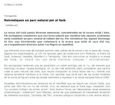 Retall de «La Malla» del 13 de març de 2006 sobre la reivindicació d'un parc natural per al Gaià
