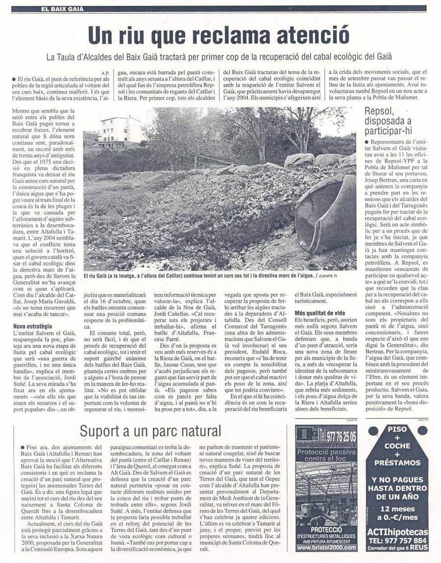 Retall de premsa d'El Punt, 6 d'octubre de 2007, sobre el cabal del riu Gaià