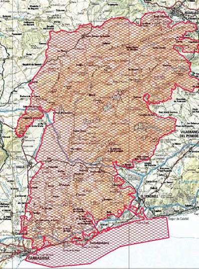 Plànol topogràfic de l'àmbit proposat per al Parc Natural de les Terres del Gaià, amb el límit del parc marcat en vermell sobre la base comarcal