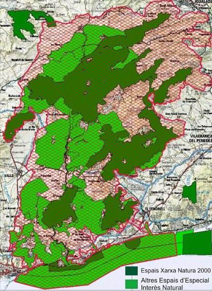 Superposició de la proposta de parc amb els espais de la Xarxa Natura 2000 i altres figures de protecció vigents