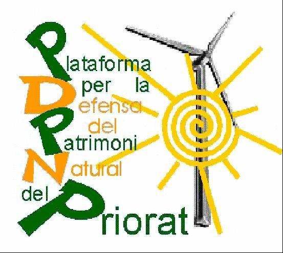 Logotip original de la Plataforma: l'acròstic PDPNP en verd i ocre, amb un sol en espiral groc i la silueta d'un aerogenerador