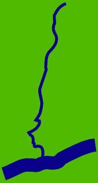 Logotip original de les Terres del Gaià: el curs meandriforme del riu en blau marí sobre fons verd, amb la desembocadura a la base